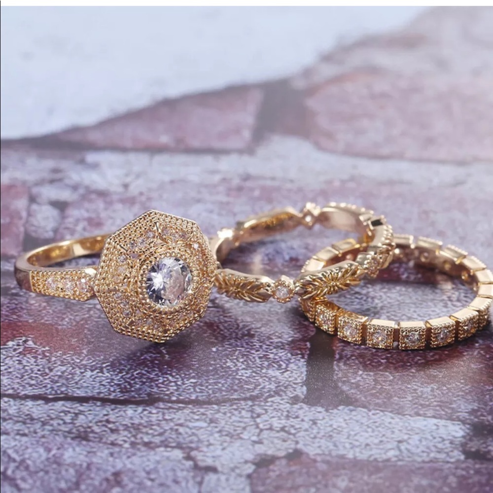 New Yellow Gold Plated Diamond Engagement Set Ring - Picture 6 of 6